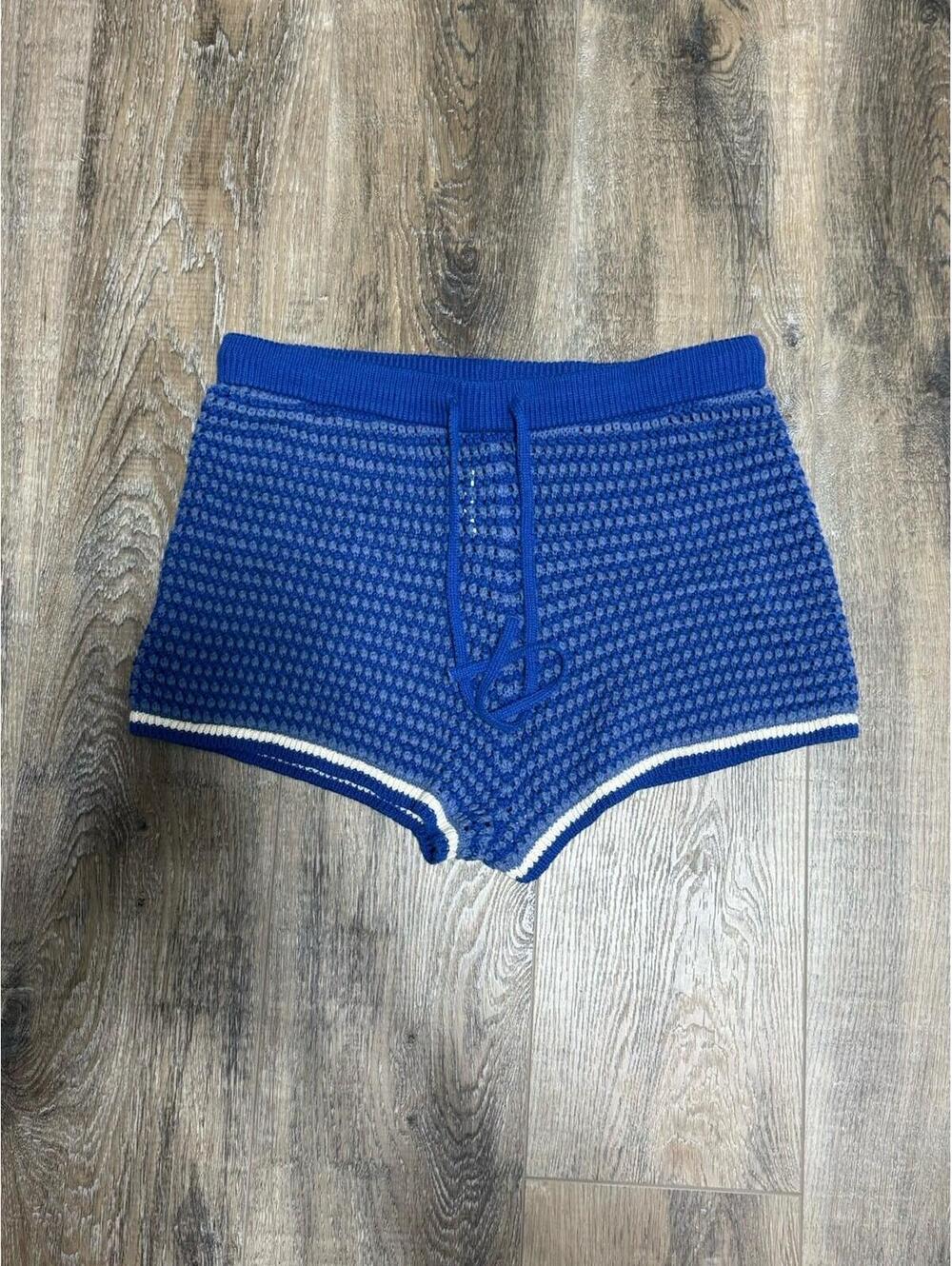 American Eagle Crochet Sweater Striped Shorts Blue High Waisted Knit M Boho